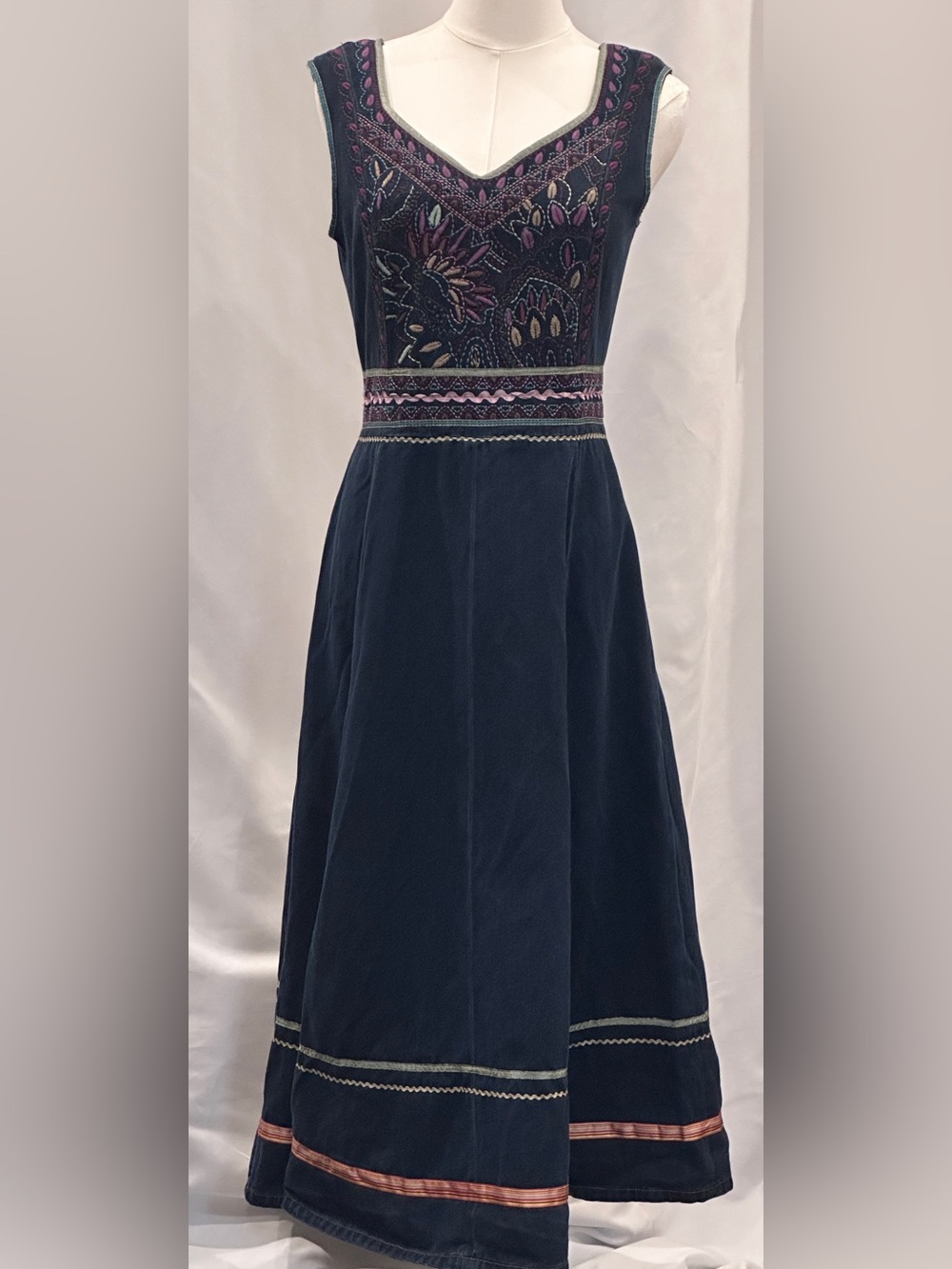 Embroidered Navy Velvet A-Line Dress